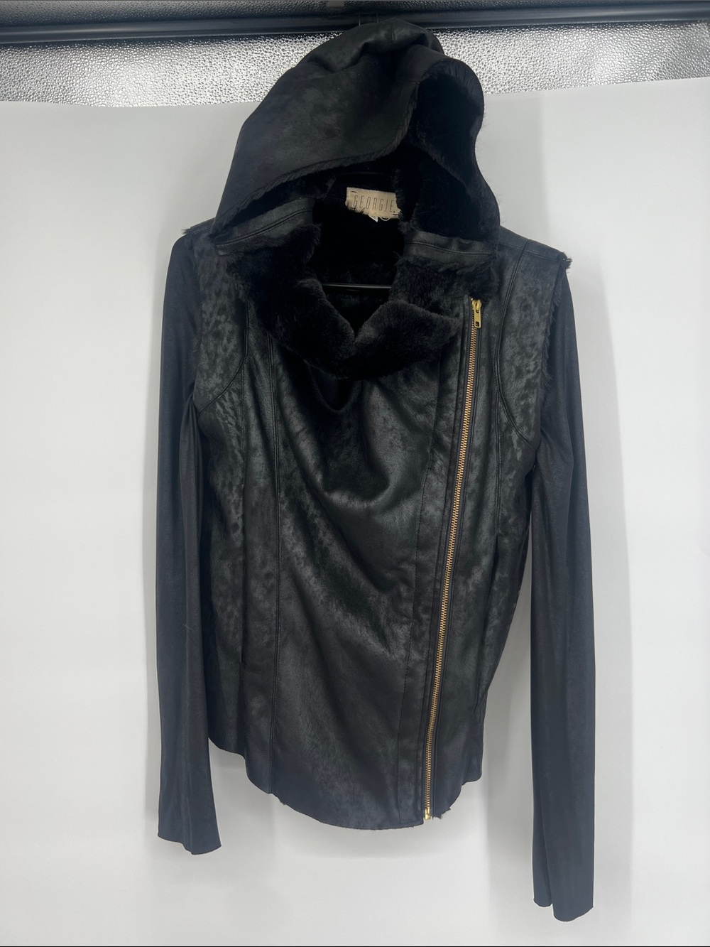 GEORGIE" black soft faux-fur metallic faux fur jacket hoodie Moto jacket